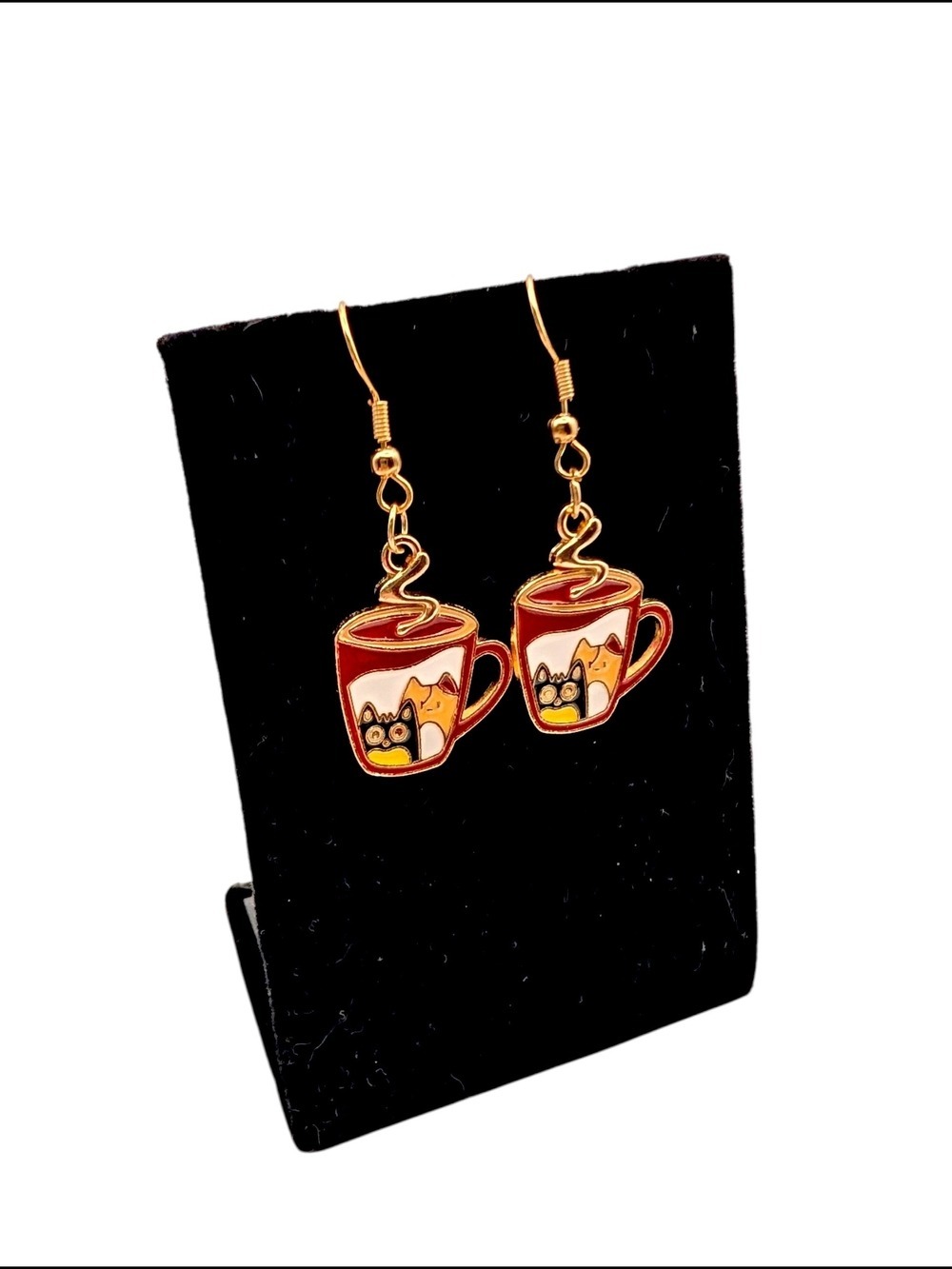 Red Coffee Cup Cat Dangle Earrings